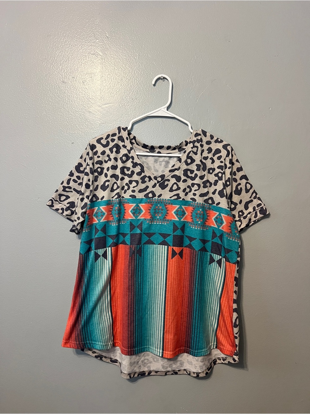 Leopard & Aztec Print Short Sleeve V-Neck Top - Teal & Coral